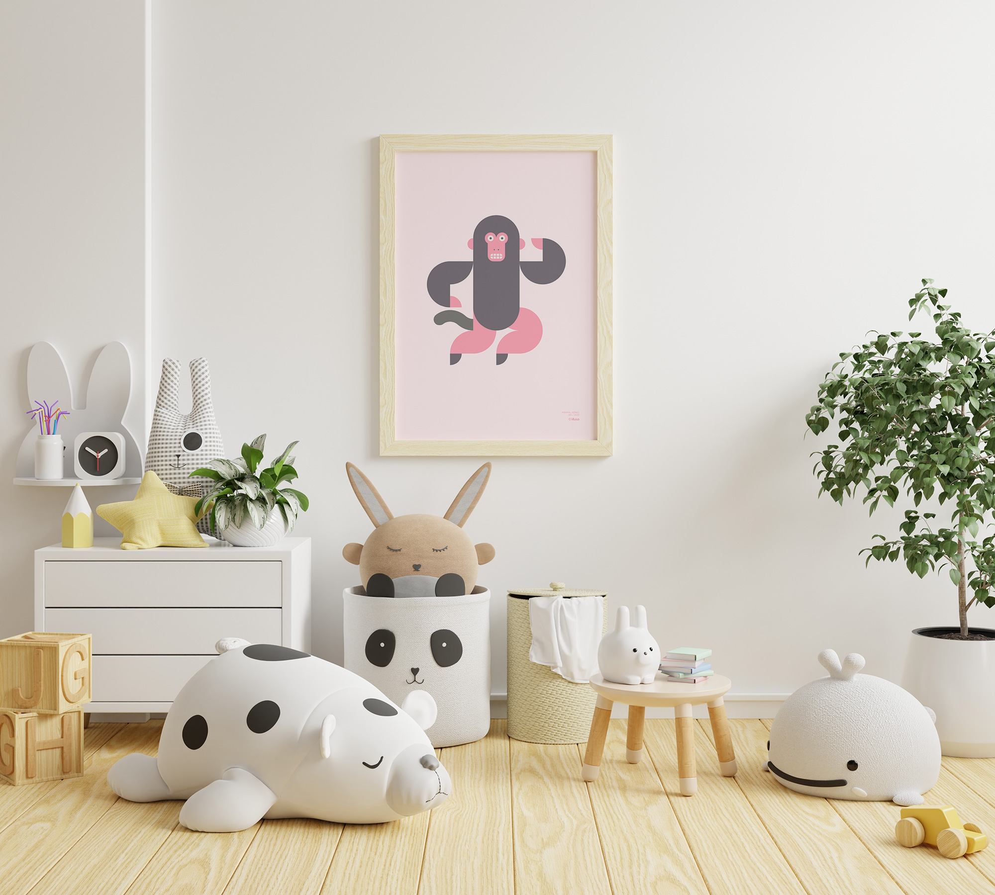 General shot of a child's room with various toys and a of a minimalist-style poster of a lion hanging on the wall.