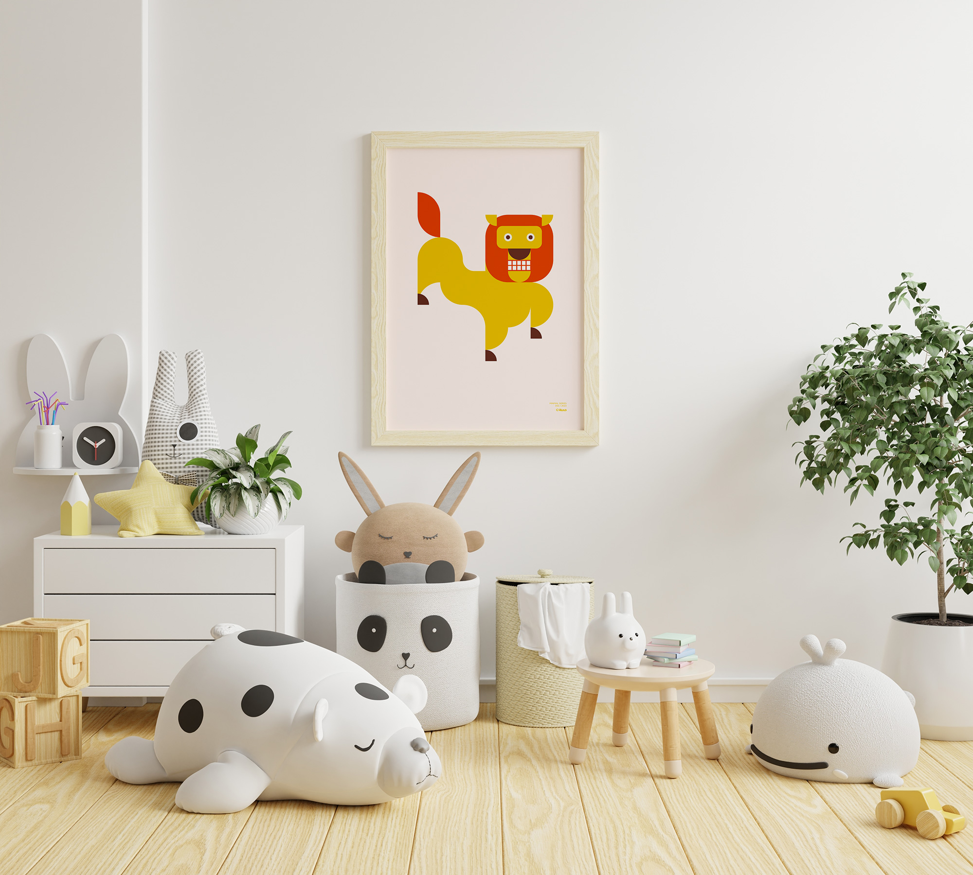 General shot of a child's room with various toys and a of a minimalist-style poster of a lion hanging on the wall.