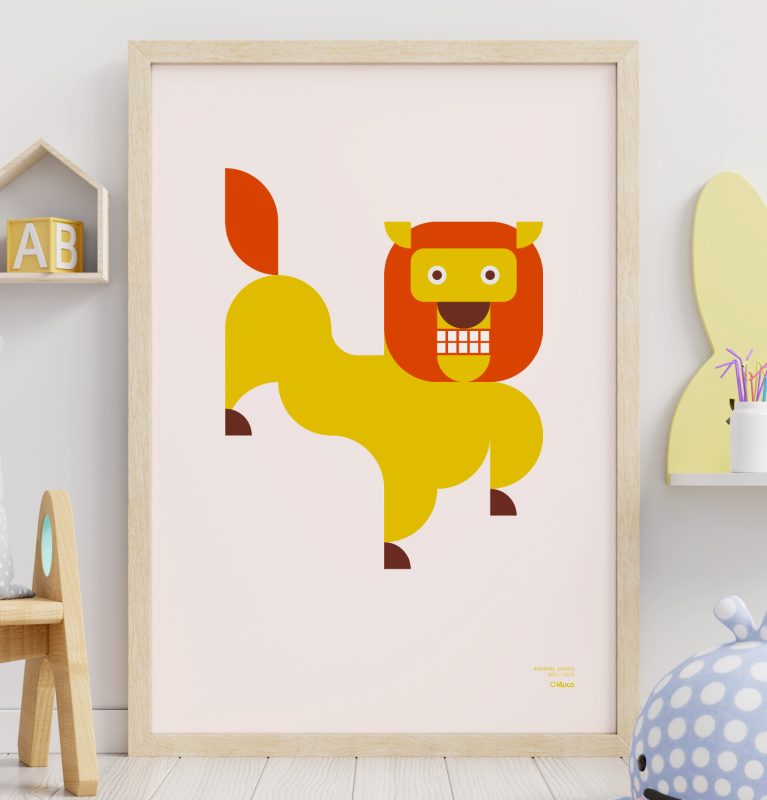 Primer plano de un póster minimalista de un león apoyado en una pared y en la habitación de un niño.
