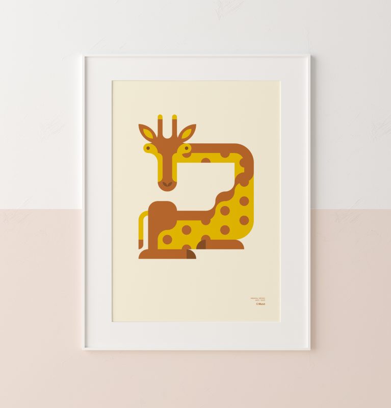 Primer plano de un cartel minimalista de una jirafa.
