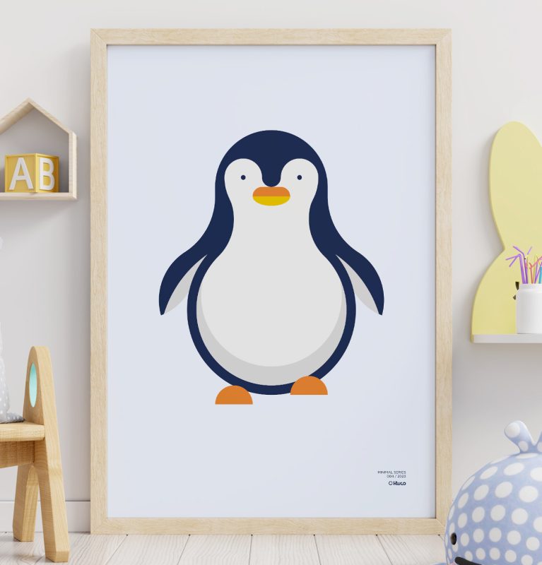 Primer plano de un póster de estilo minimalista de un pingüino apoyado en una pared y en la habitación de un niño.