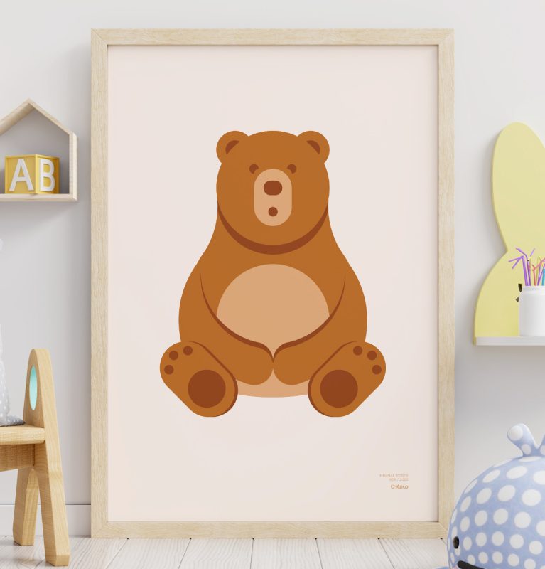 Primer plano de un póster de estilo minimalista de un oso apoyado en una pared y en la habitación de un niño.