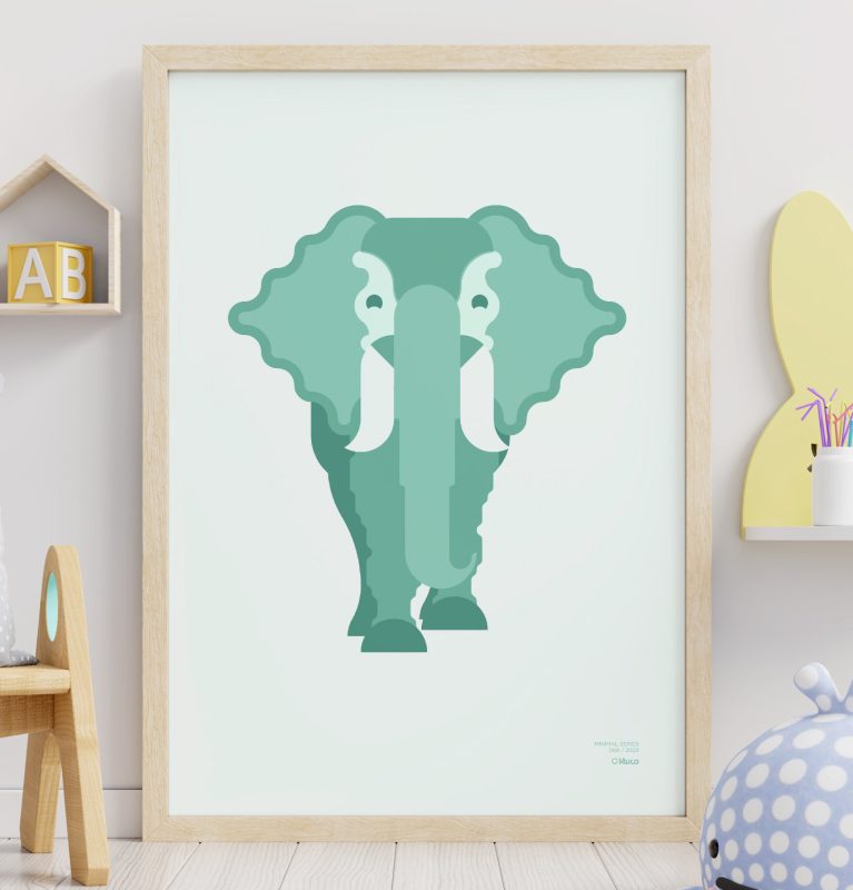 Primer plano de un póster de estilo minimalista de un elefante apoyado en una pared y en la habitación de un niño.